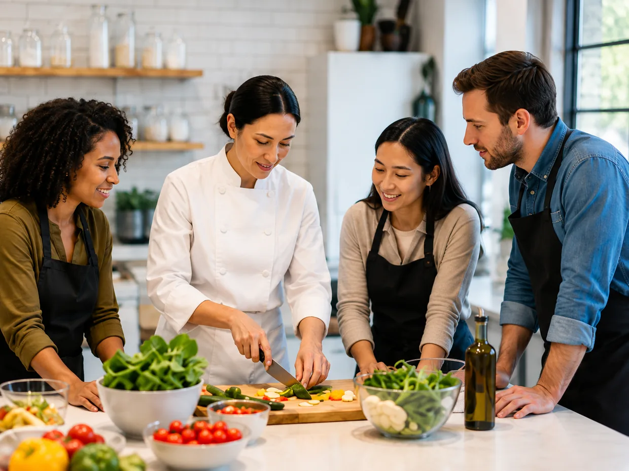 A chef and workshop guests preparing fresh vegetables together in a bright kitchen