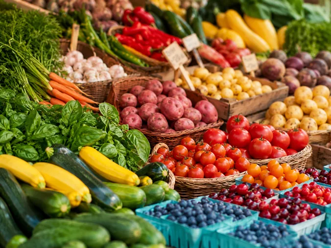 A farmers market stall of fresh produce with an Eat Healthy chalkboard sign