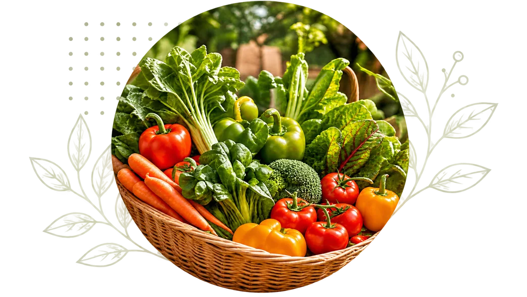 Basket of fresh vegetables with a sign reading Nourish, Educate, Empower, framed by dots and leaf sketches