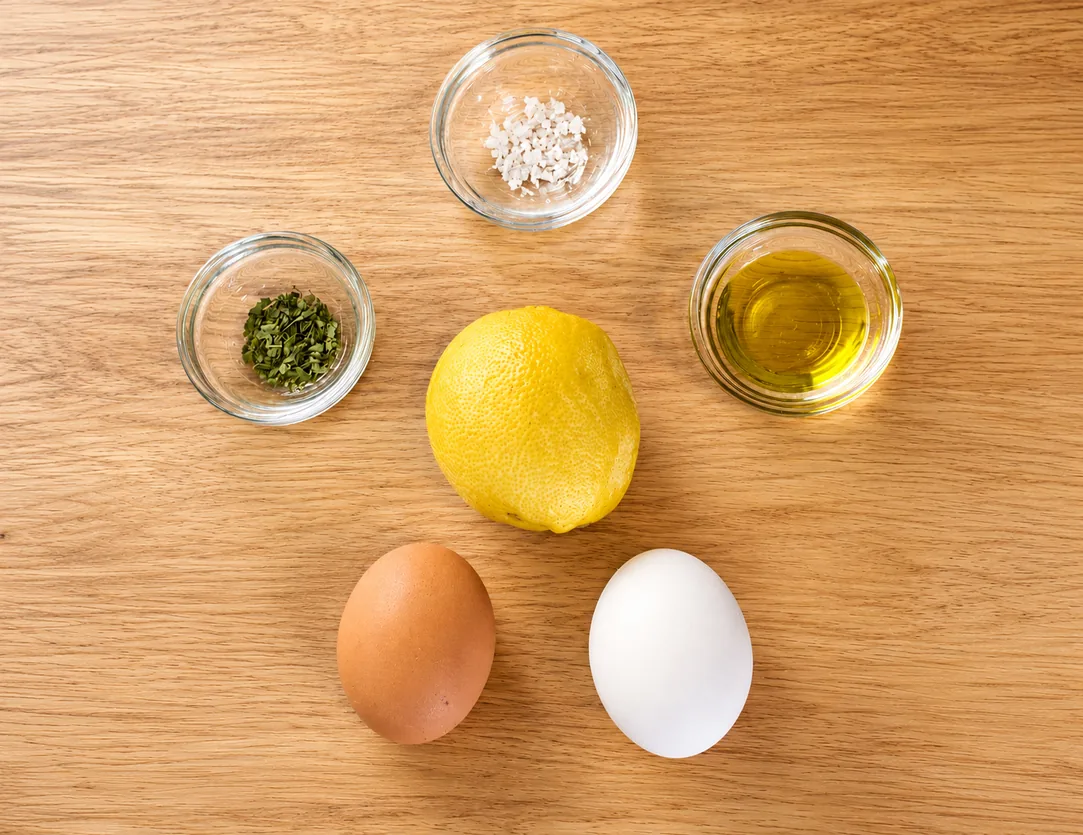 Parsley, flaky salt and olive oil in small bowls beside a lemon and two eggs on a wooden board