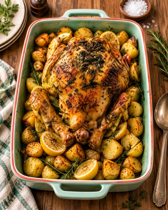 Lemon herb roast chicken with Yukon gold potatoes in a baking dish