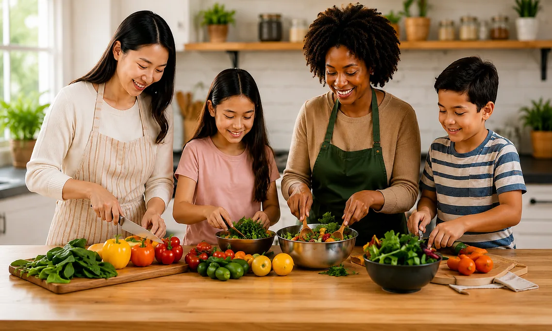 A family preparing fresh vegetables together in a kitchen