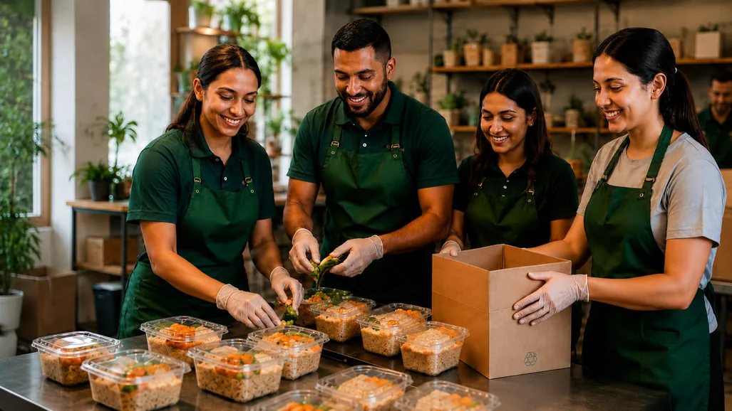 Volunteers packing prepared meals into boxes