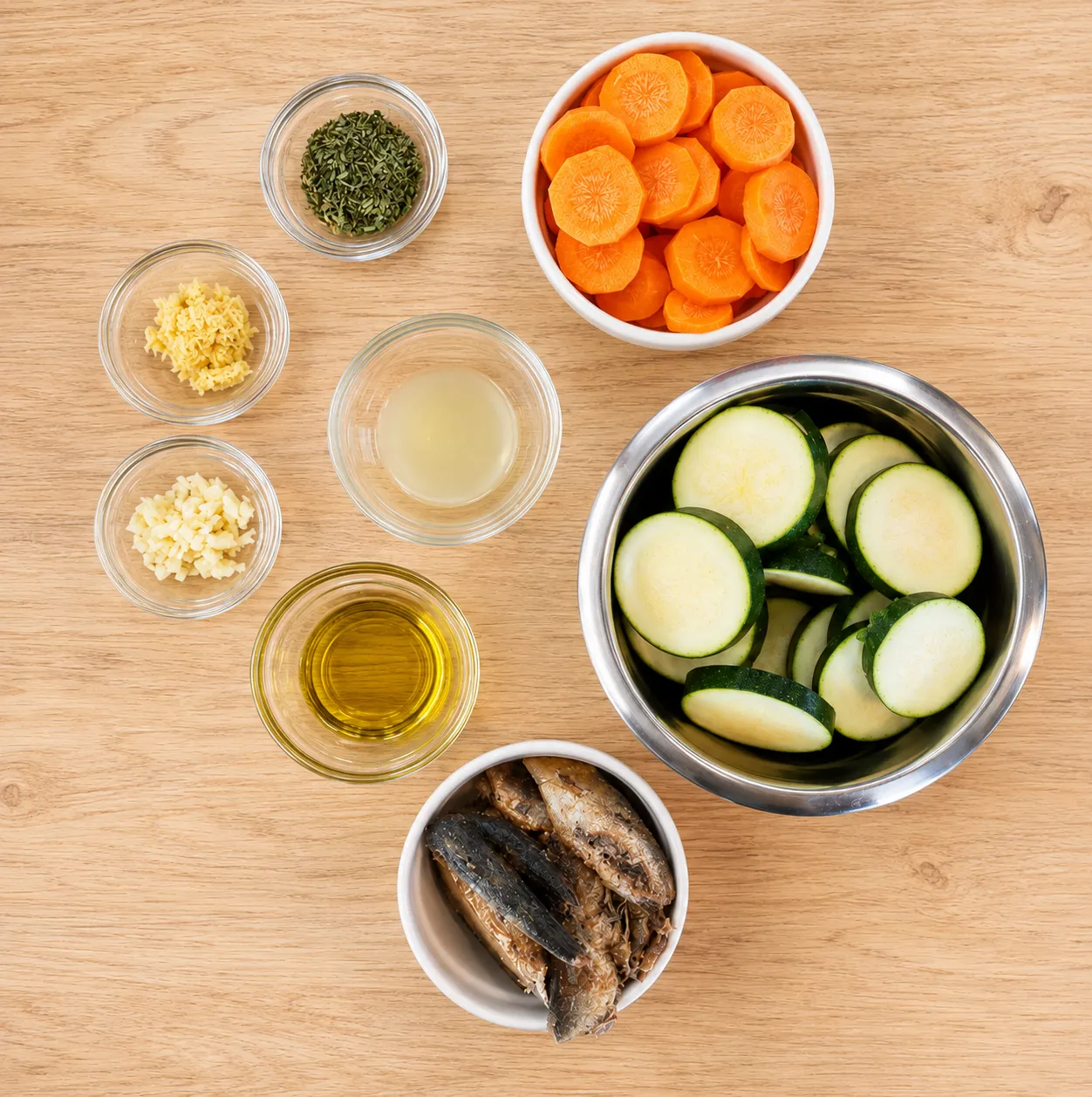 Sardines, sliced carrot and zucchini, garlic, lemon zest, herbs, oil, salt and pepper in bowls on a wooden board