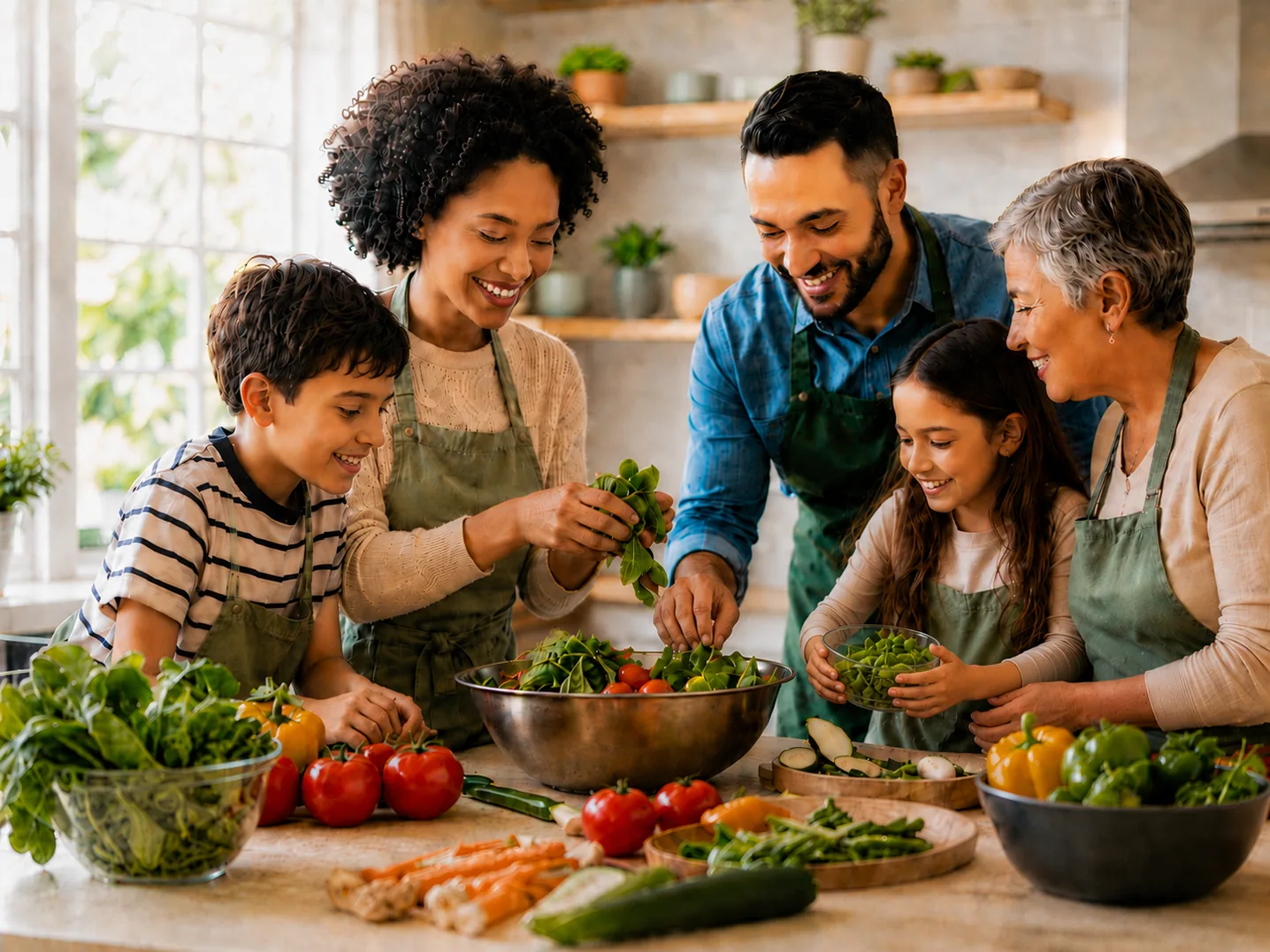 A family of five preparing a fresh salad together in a sunlit kitchen