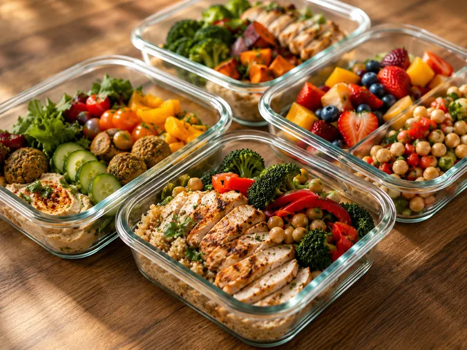 Prepared meal containers of chicken, quinoa and vegetables on a table