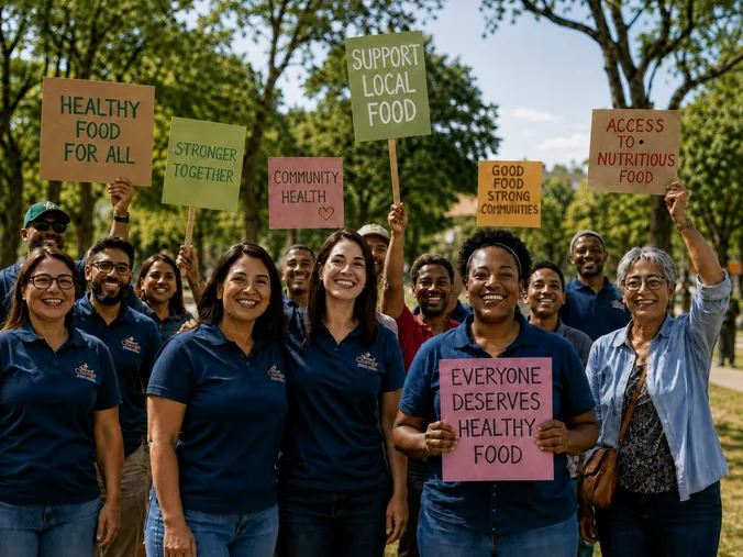 Supporters holding hand-painted signs at an outdoor food-equity rally