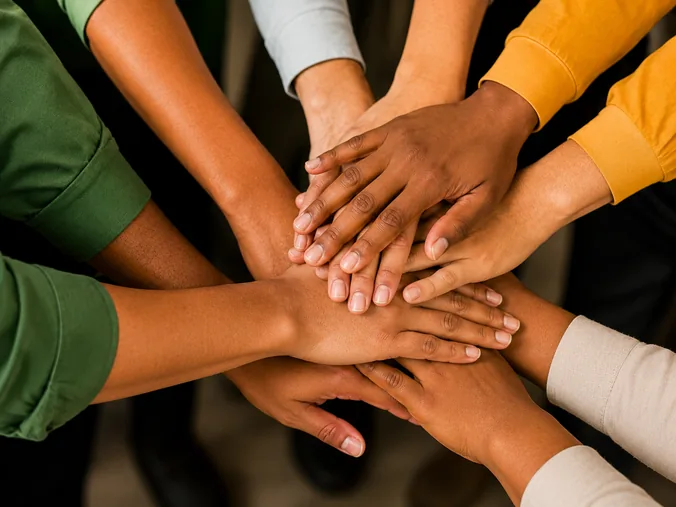 Many hands stacked together in the centre of a circle