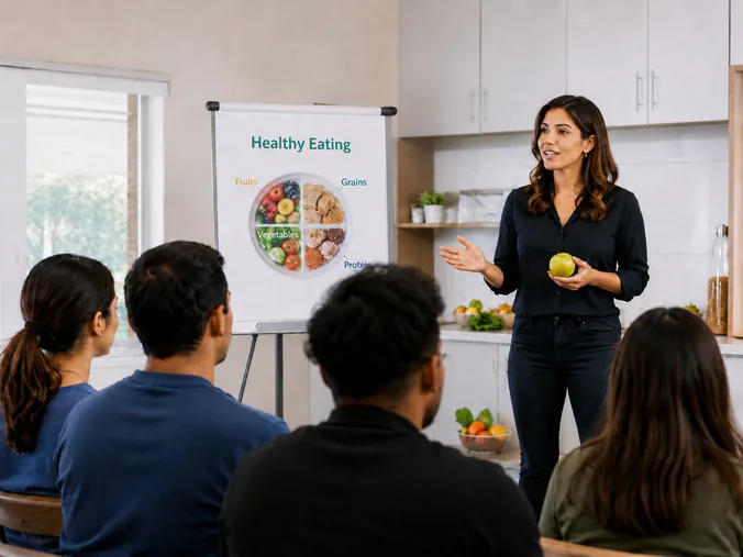 A nutrition educator presenting a healthy-plate chart to a seated group