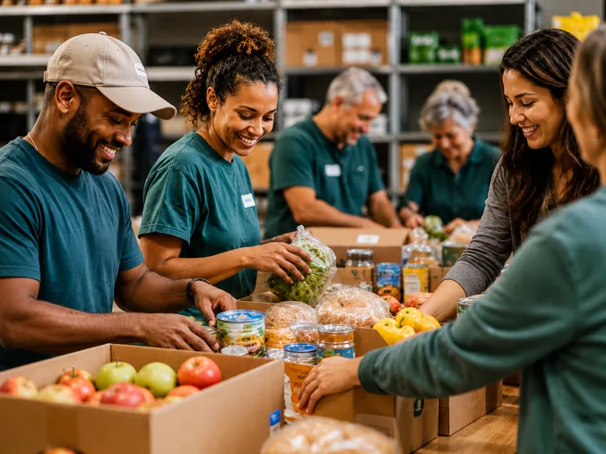Volunteers in aprons chopping fresh vegetables in a community kitchen