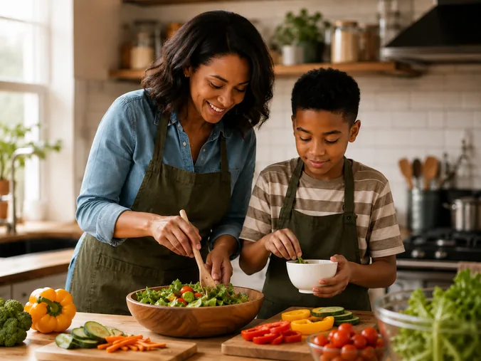 A parent and child tossing a fresh salad together in a bright kitchen