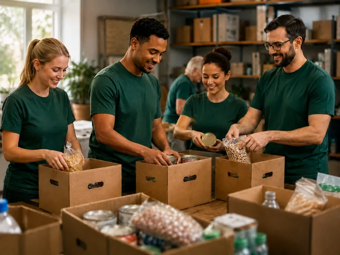 Volunteers in green shirts packing boxes of food donations