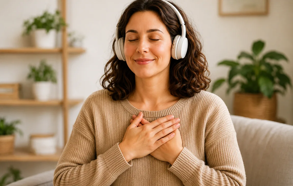 A woman sitting with eyes closed and hands resting on her chest, listening through headphones
