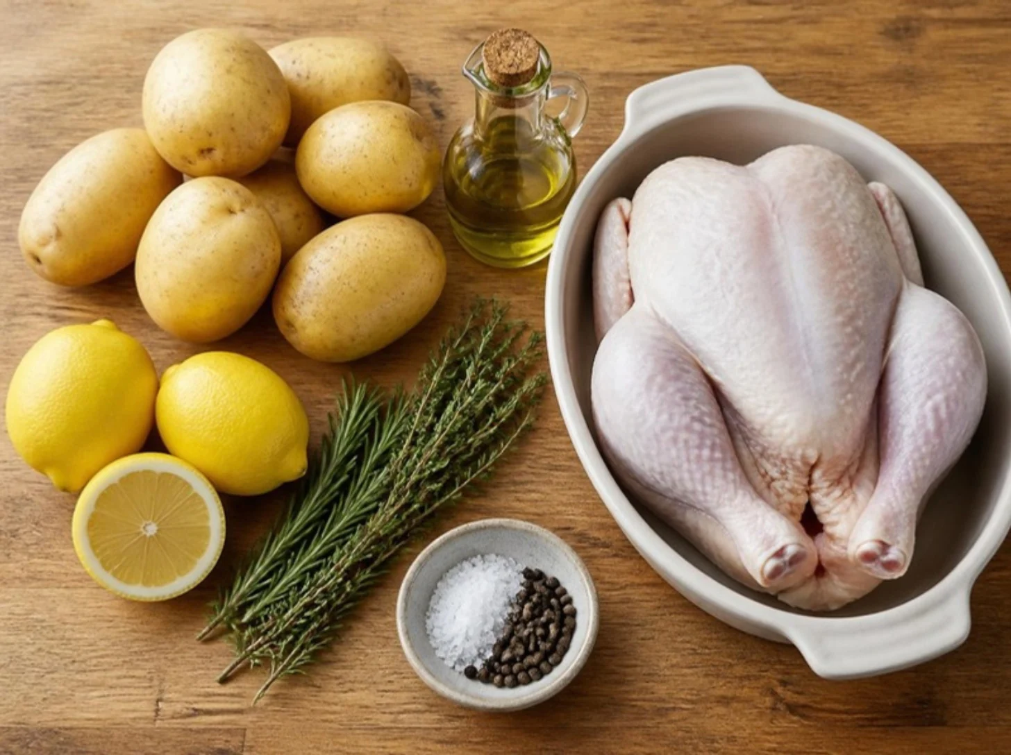 Whole raw chicken, Yukon Gold potatoes, lemons, rosemary, thyme, olive oil and sea salt on a wooden table