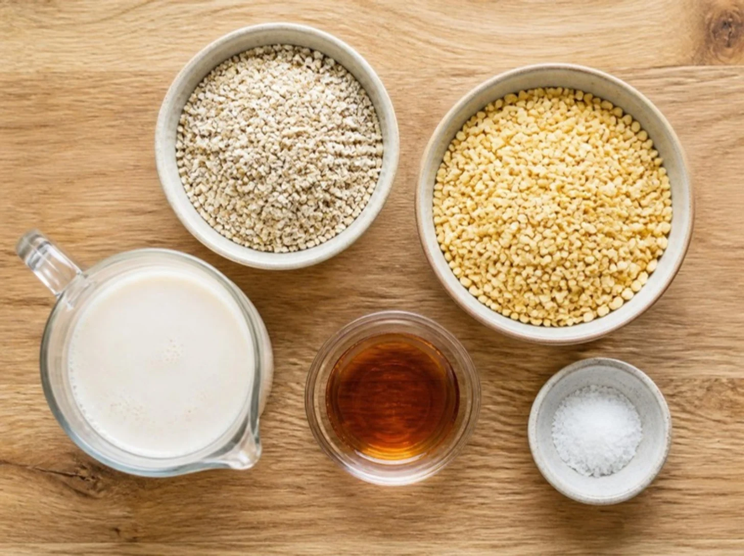 Steel-cut oats, split yellow mung beans, oat milk, maple syrup and sea salt in small bowls on a wooden board