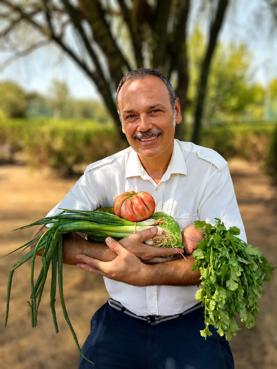 Zago Nicola in chef whites behind a table of fresh vegetables